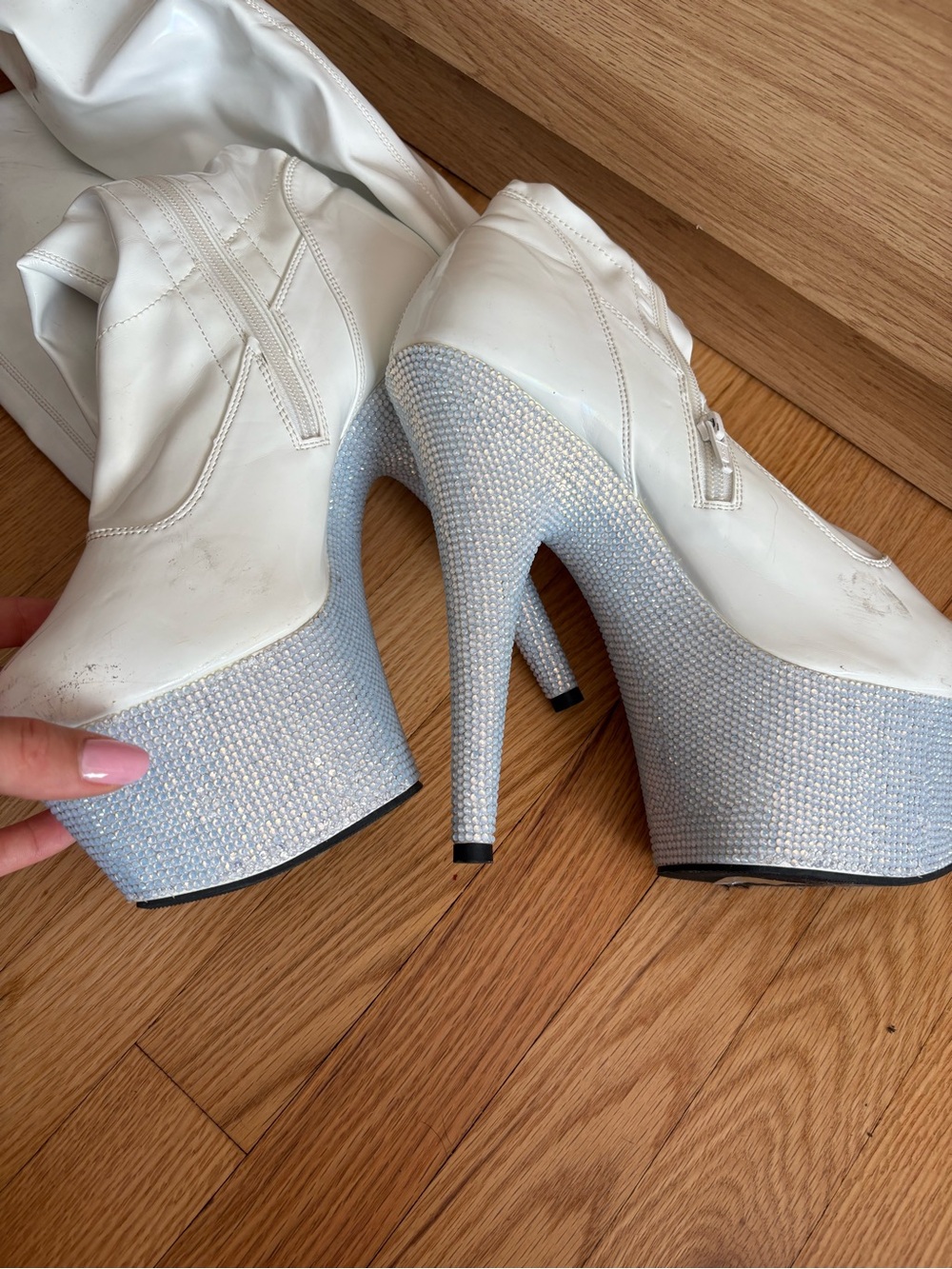 White Rhinestone Platform Stiletto Boots - Picture 2 of 6